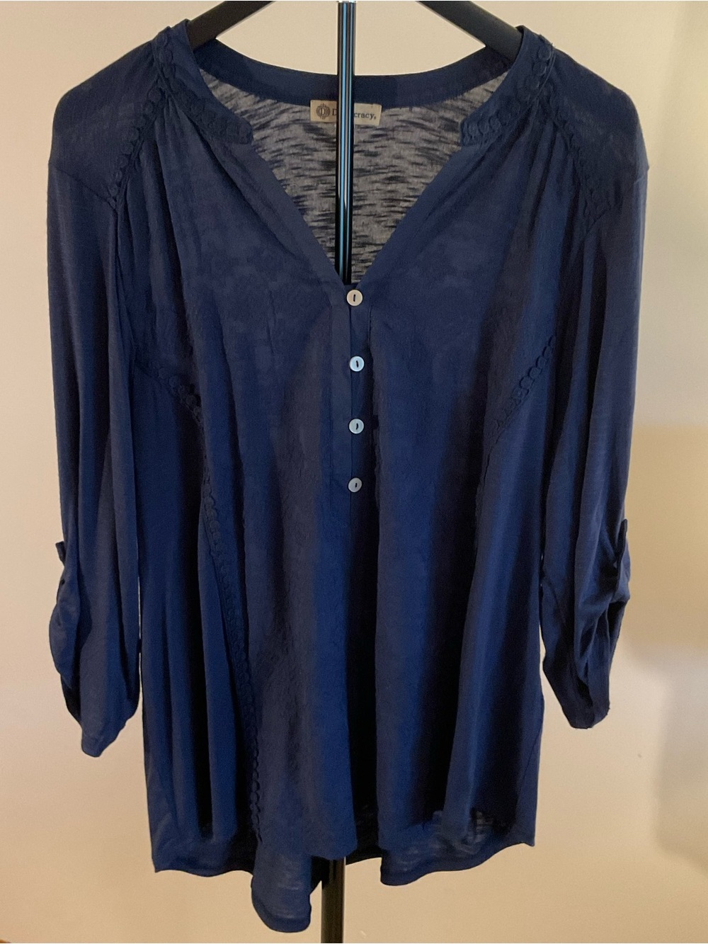 Democracy Navy Button-Front Peasant Henley Knit Top Size XL NWOT